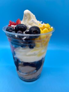 Sweet Susie's frozen yogurt parfaits, blueberries, mango chunks, strawberries, chocolate syrup, shredded coconut